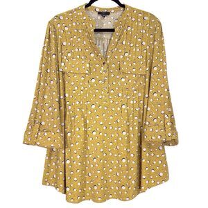 Cocomo Women’s 1X Yellow Polka Dot Tunic Blouse 3/4 Sleeve V-Neck Pintuck Top